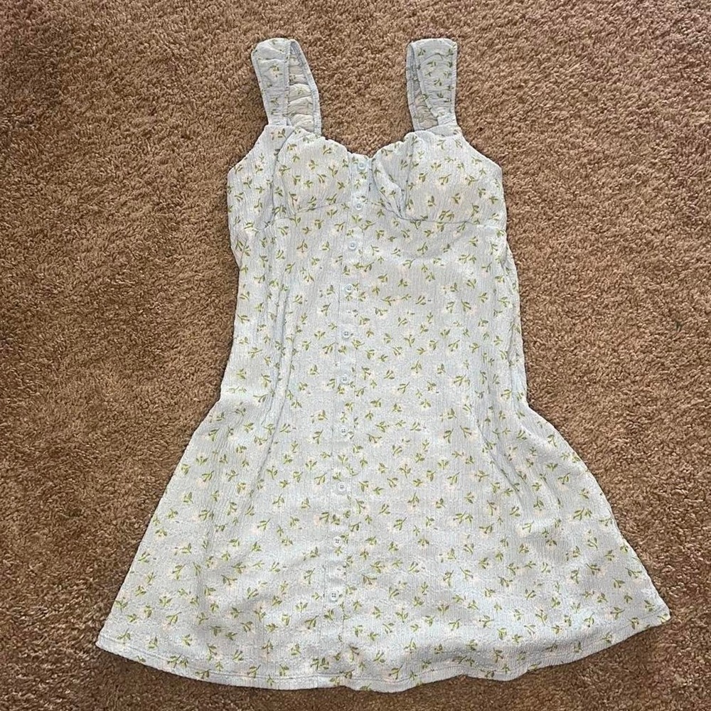 Light Blue Floral Button Front Mini Dress Cottage Floral Summer Sundress Size M